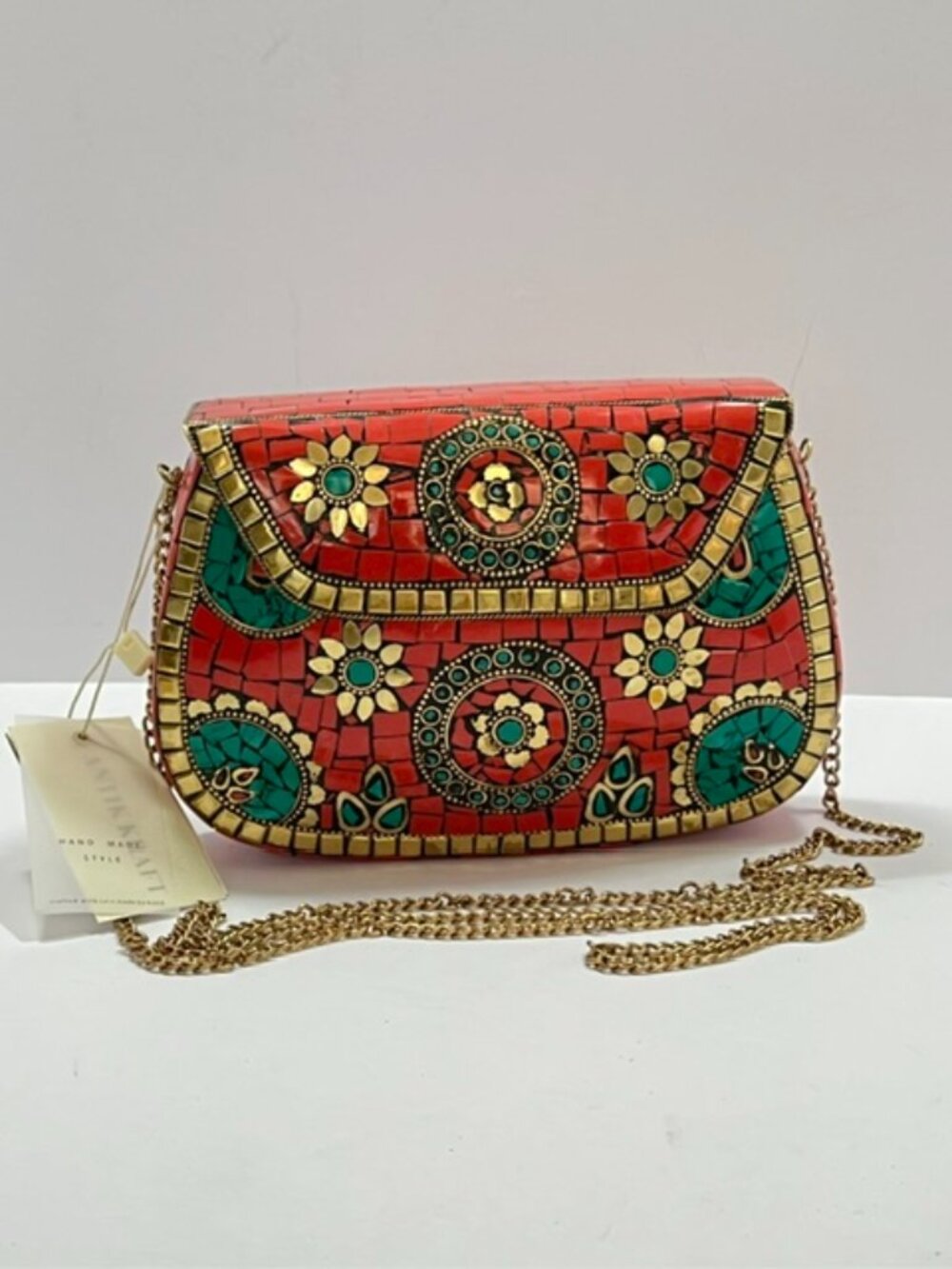 Antik Kraft Amoli Mosaic Brass Clutch in Coral with detachable chain strap NWT